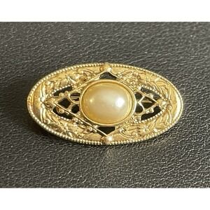 1928 Jewelry Filigree Brooch Victorian Revival Gold Tone Oval Pin Faux Pearl